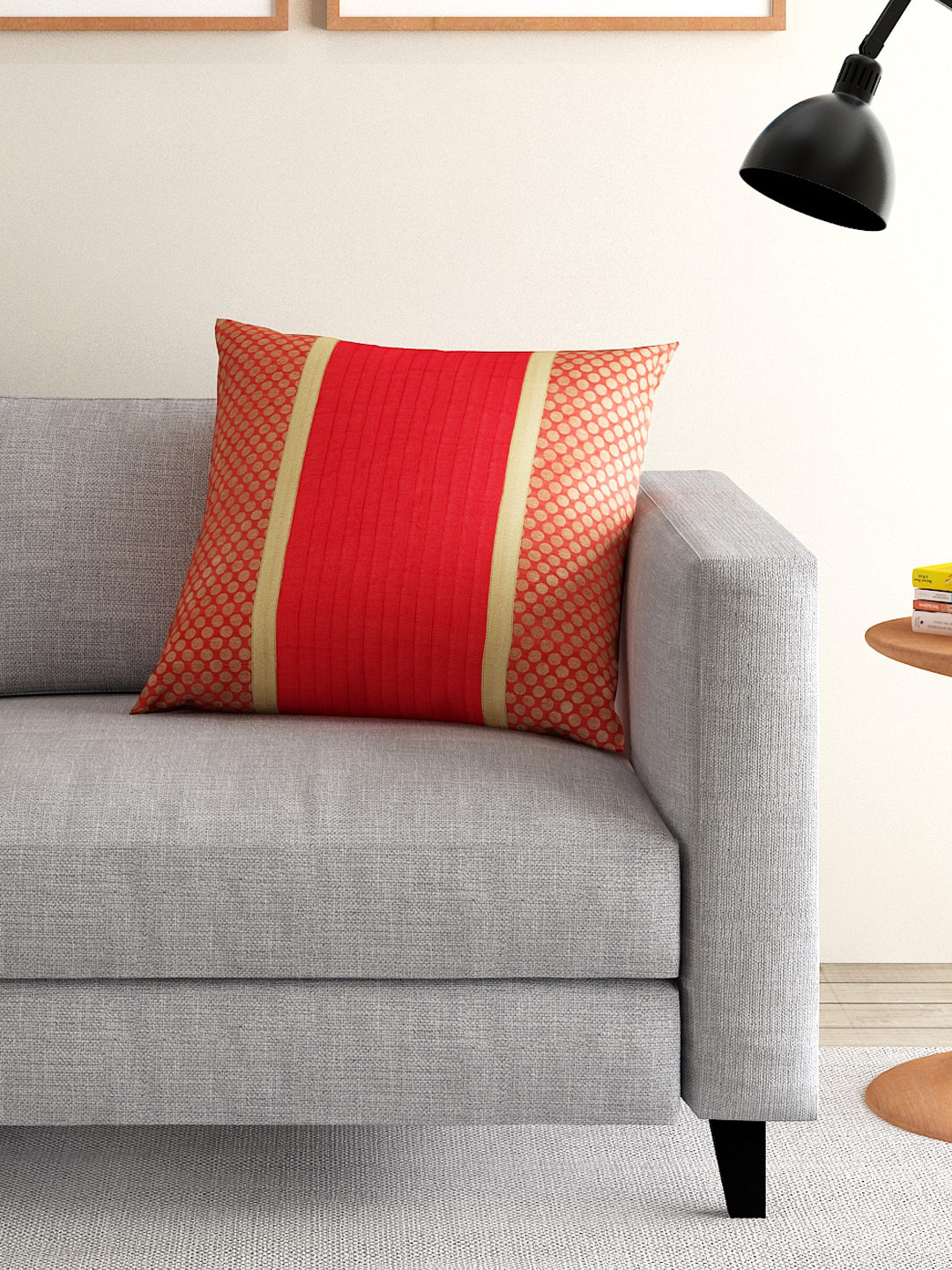 ANS Red Single Brocade 16'' x 16'' Square Cushion Cover