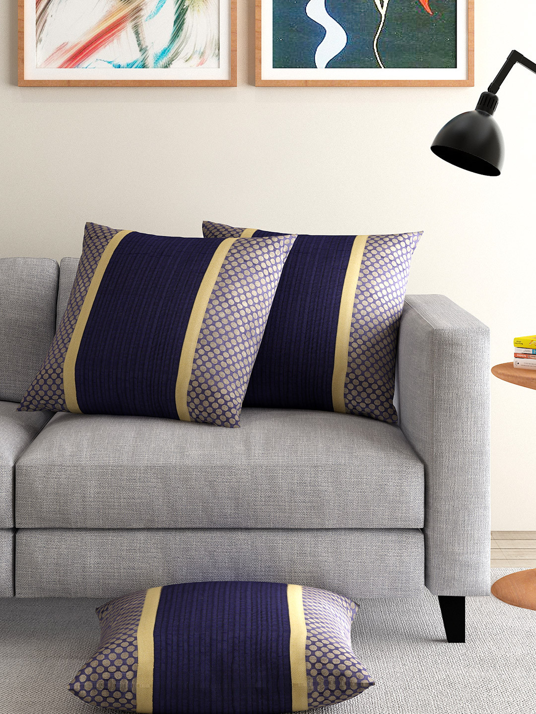 ANS Navy Set of 3 Brocade 16'' x 16'' Square Cushion Covers