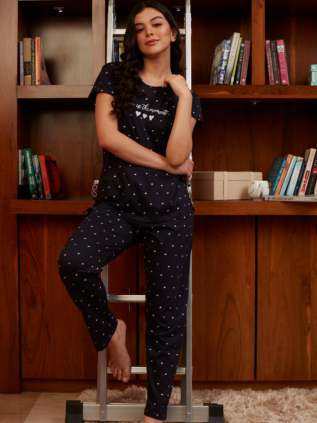 Zeyo Women Navy Blue & Purple Printed Night Suit
