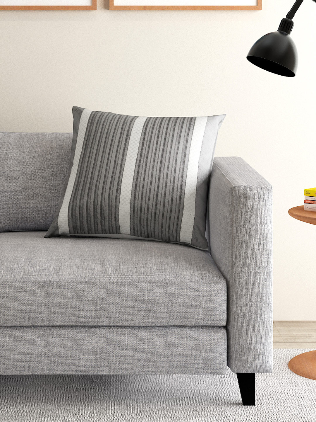 ANS Grey Striped Polysilk Washable Textured Square Cushion Cover - 16 x 16 Inches