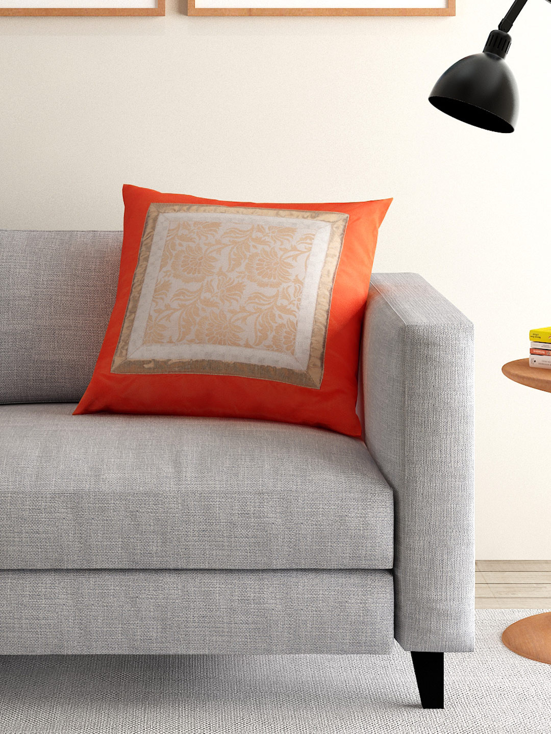 ANS Orange Floral Polyester Silk Washable Square Cushion Cover -16x16In