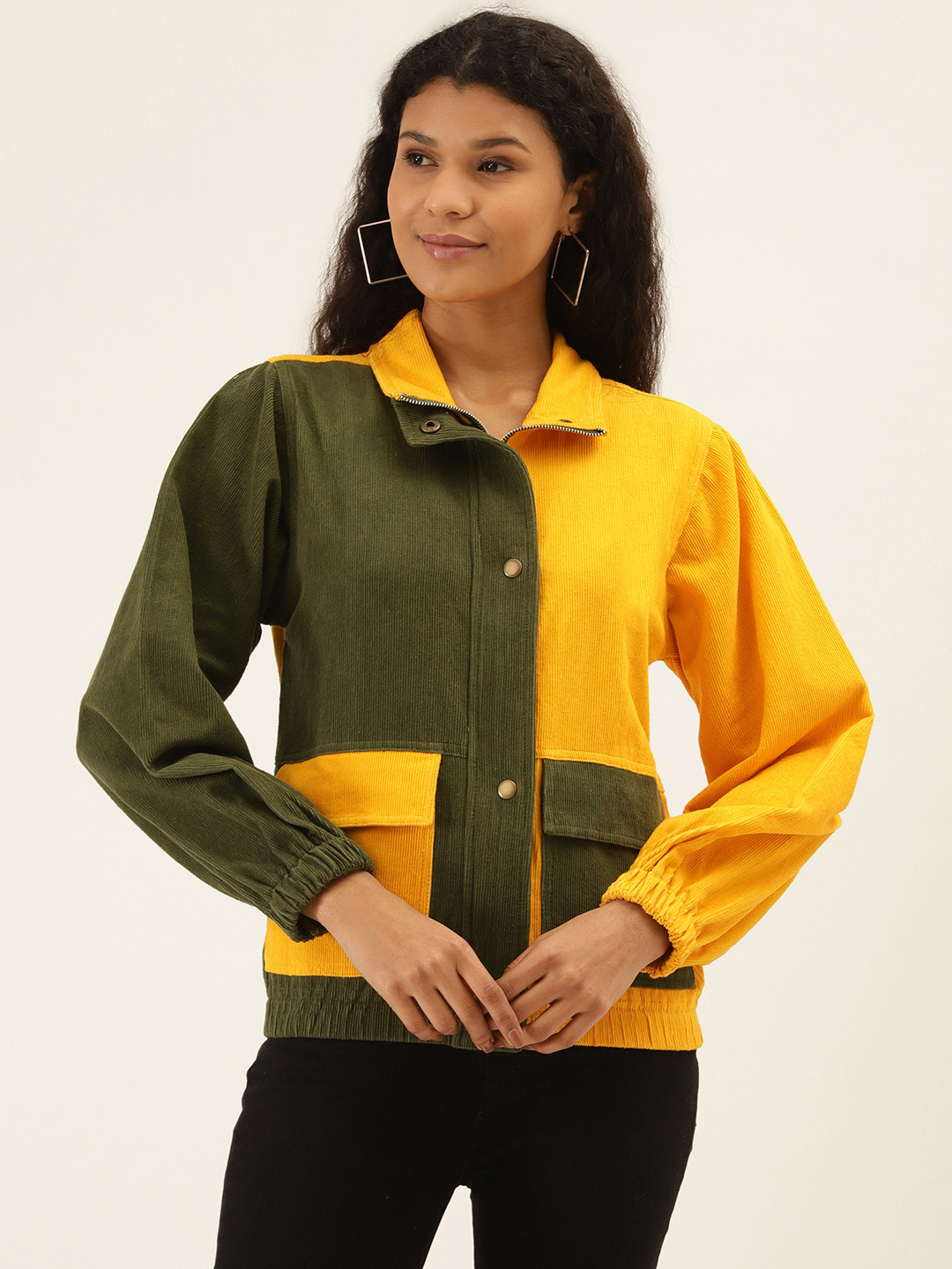 The Dry State Women Olive Green & Yellow Colorblocked Open Front Corduroy Jacket