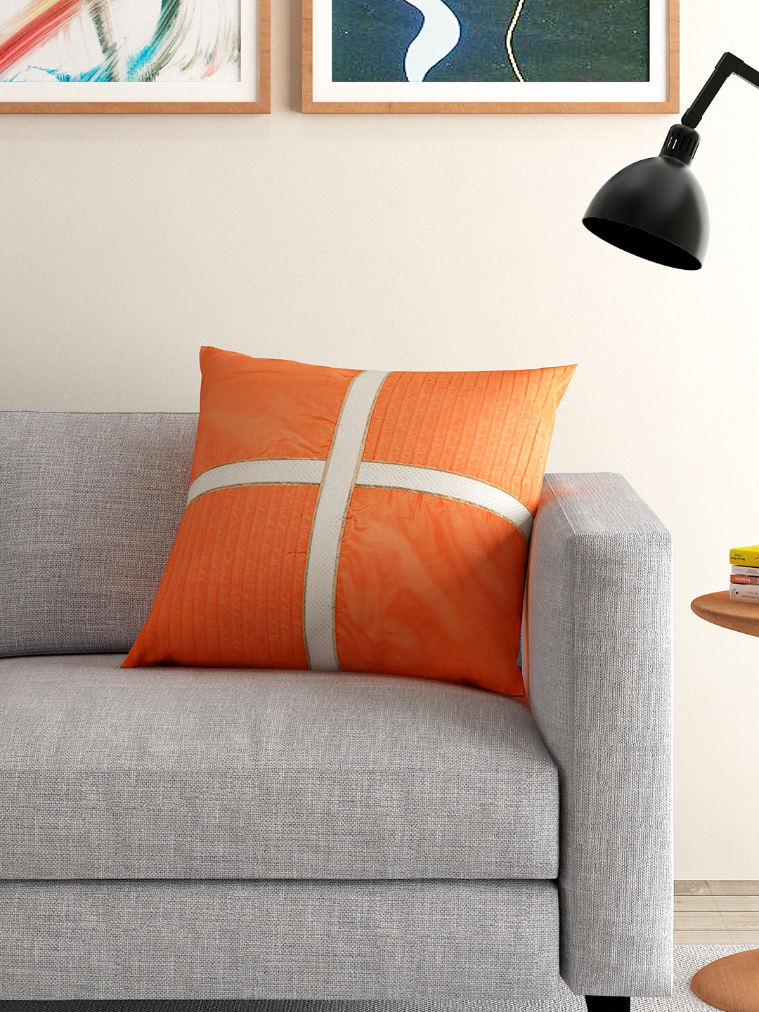 ANS Orange Striped Polysilk Lightly-Padded Textured Square Cushion Cover -16x16In