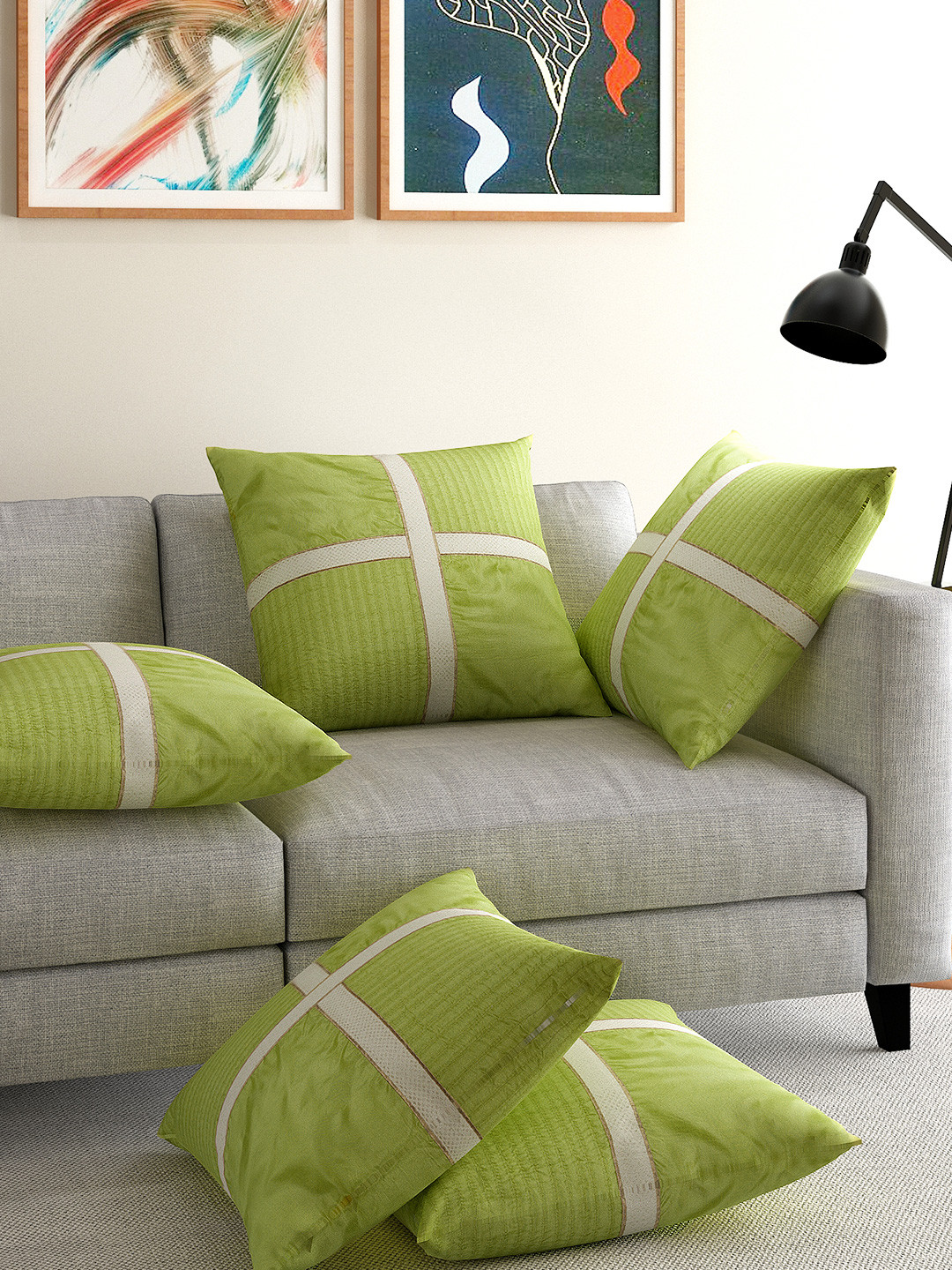 ANS polysilk Green Polyester Washable 5 Piece Square Cushion Covers -16x16In