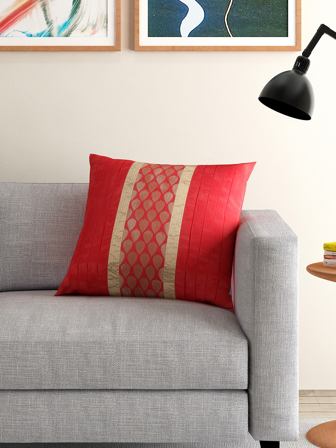 ANS Leaf Motif Striped Polysilk Lightly-Padded Embellished Cushion Cover - 16 x 16 Inches