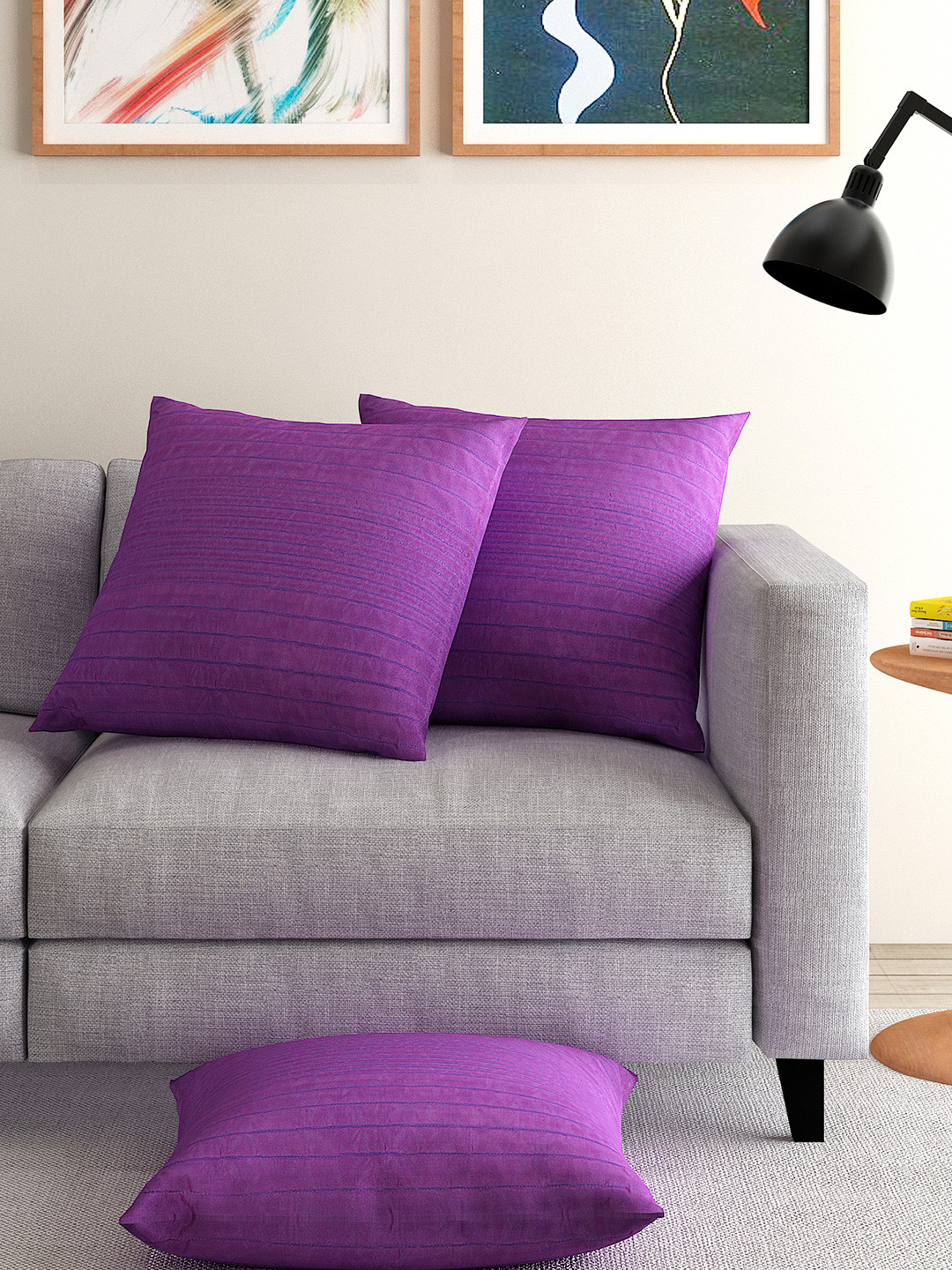 ANS Purple Polyester Quilted 3 Piece Textured Square Cushion Covers -16x16In