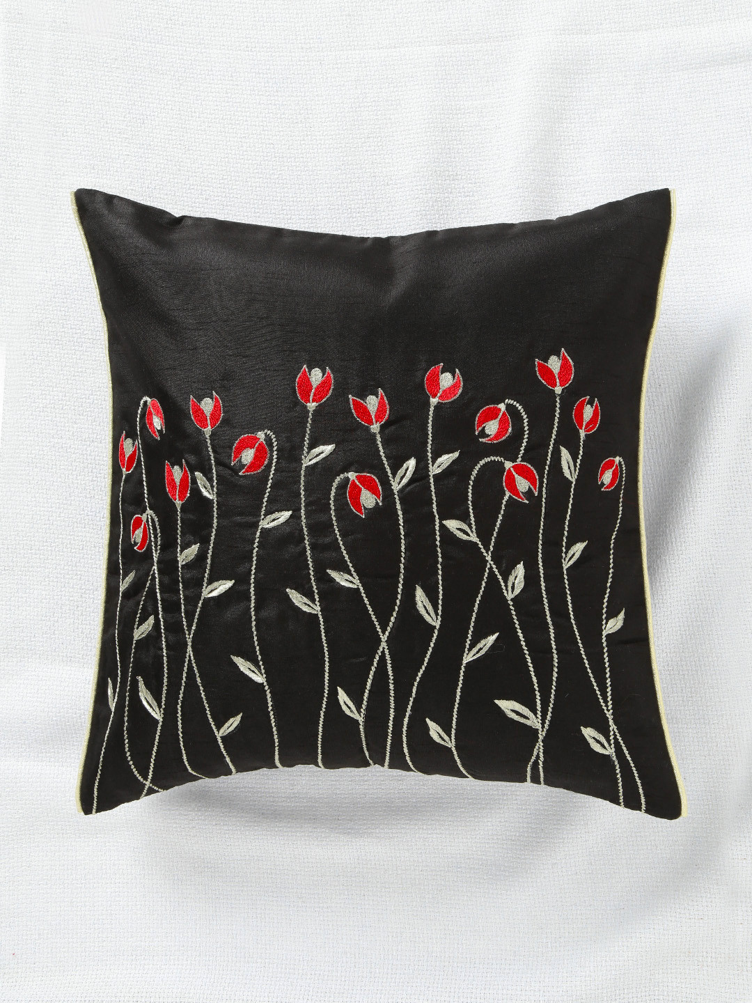 ANS Black Single Floral Embroidered 16'' x 16'' Square Cushion Cover