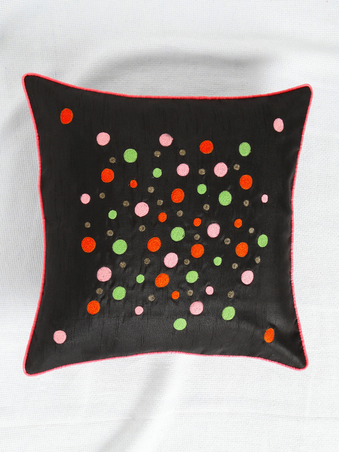 ANS Black Geometric Polyester Durable Embroidered Square Cushion Cover - 16 x 16 Inches