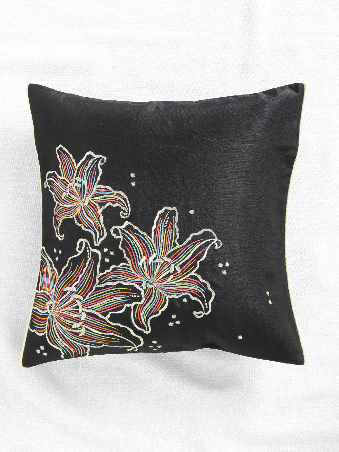 ANS Black Floral Polyester Durable Embroidered Square Cushion Covers - 16 x 16 In