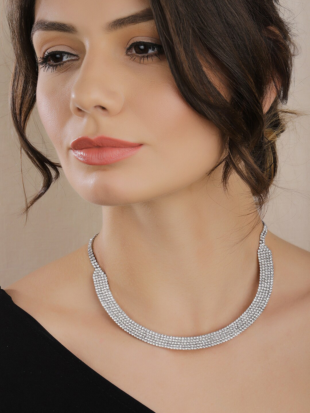 Rubans Silver Plated Sparkling Zirconia Studded Choker Necklace Stylish Design