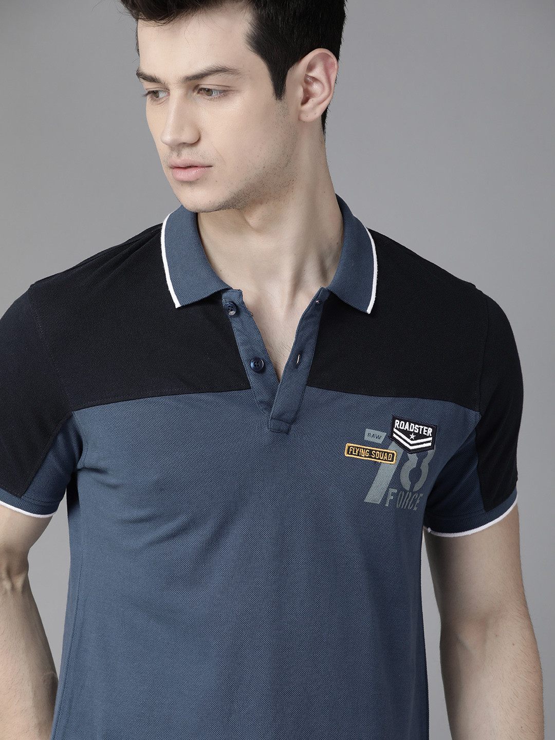 Roadster Men Blue Colourblocked Polo Collar Pure Cotton T-shirt