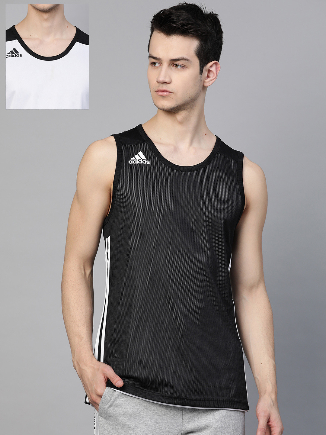 ADIDAS Originals Men Black & White 3G Spee Reversible Solid Basketball T-shirt