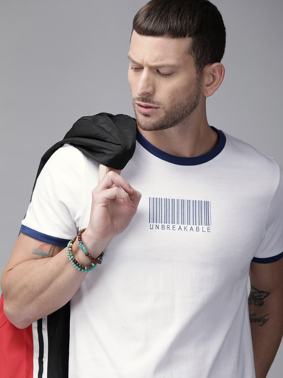 Roadster Men White Solid Round Neck Pure Cotton T-shirt with Print Detail