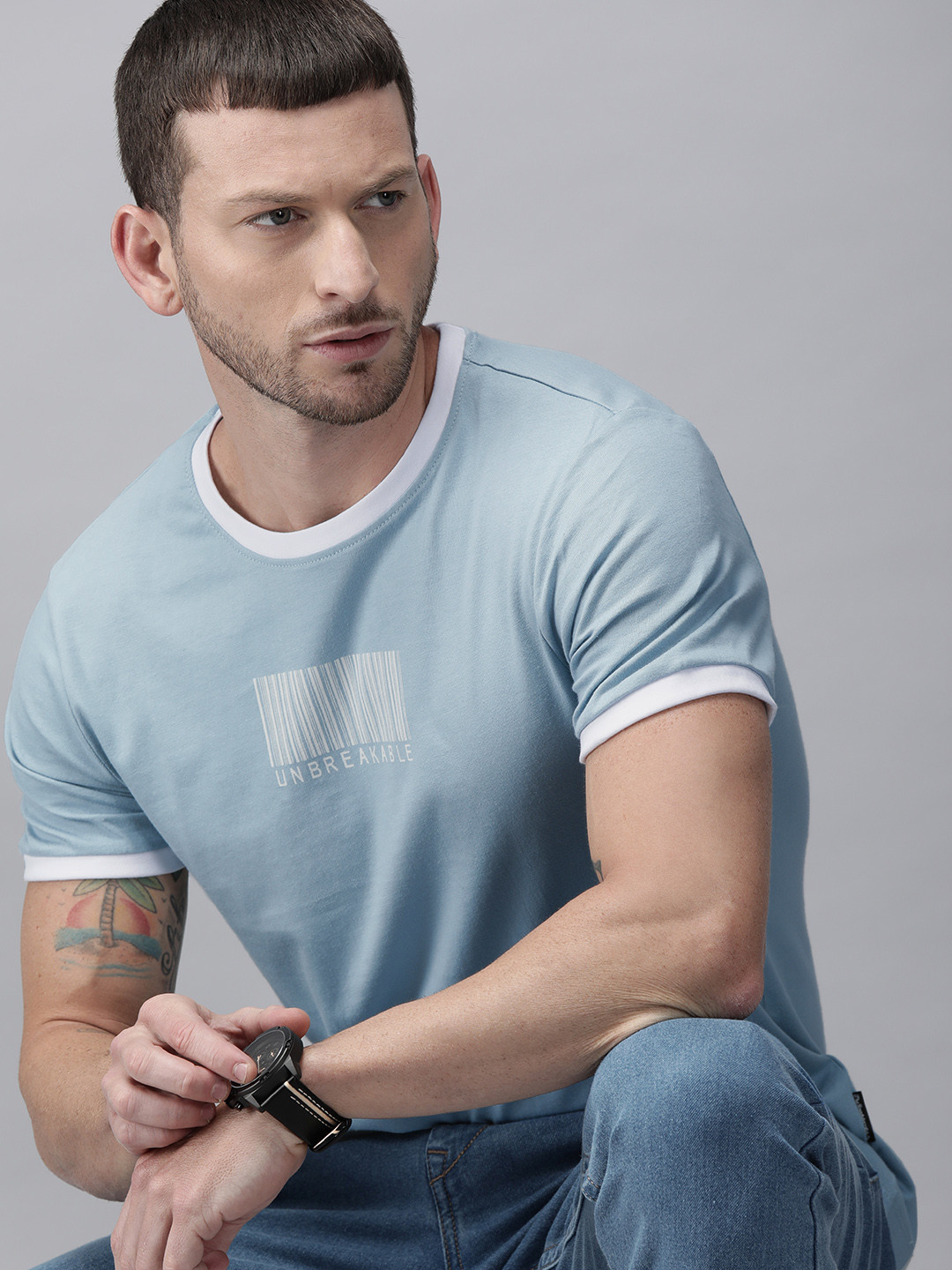 Roadster Men Blue Printed Round Neck T-shirt
