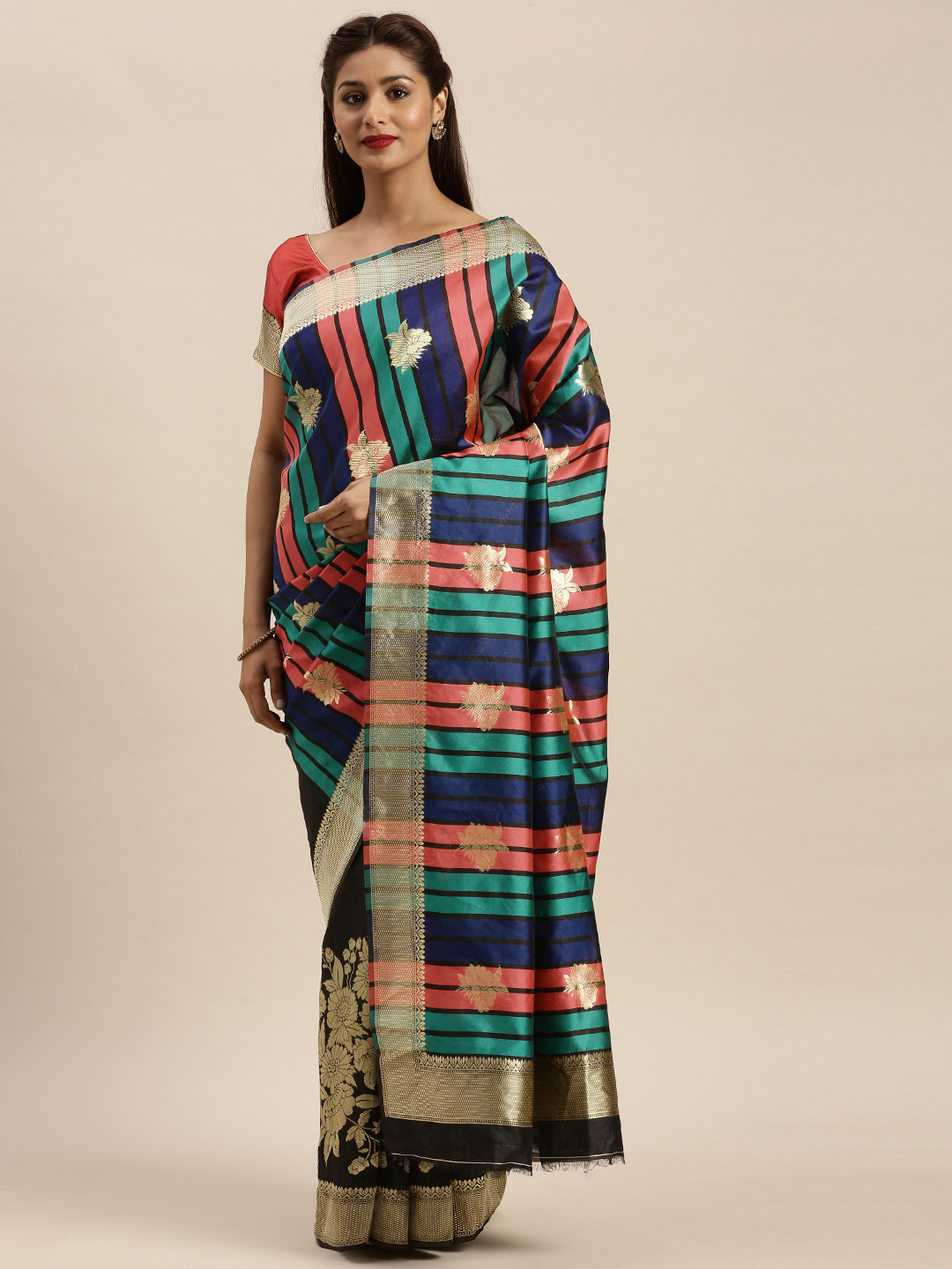 Mitera Blue & Peach-Coloured Silk Blend Striped Banarasi Saree