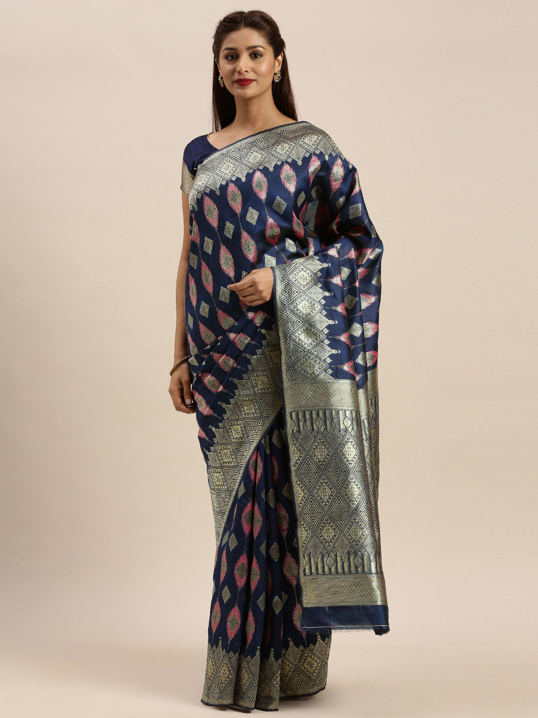 Mitera Navy Blue Silk Blend Woven Design Banarasi Saree