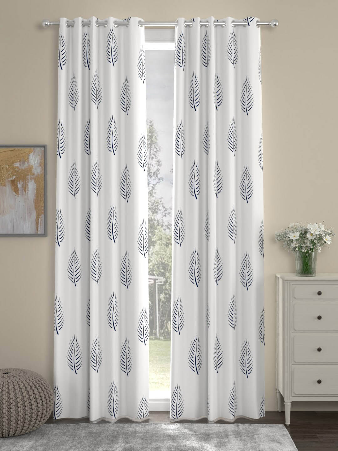 URBAN SPACE White & Blue Printed Set of 2 Door Curtains