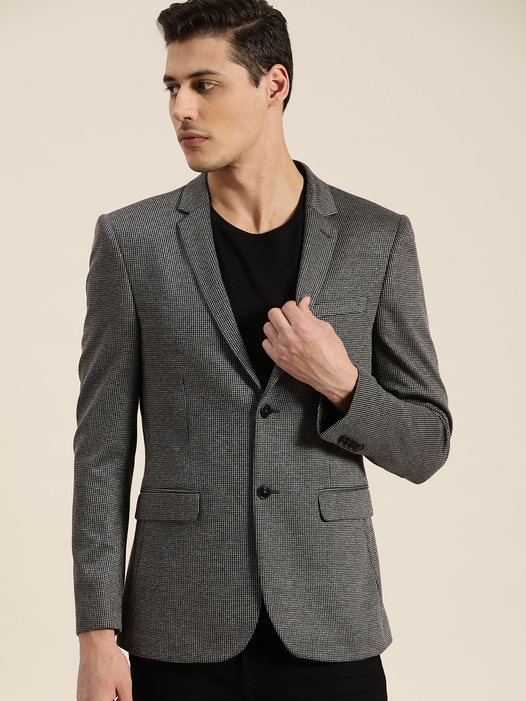 INVICTUS Men Black & Grey Self-Design Slim Fit Single-Breasted Smart Casual Blazer
