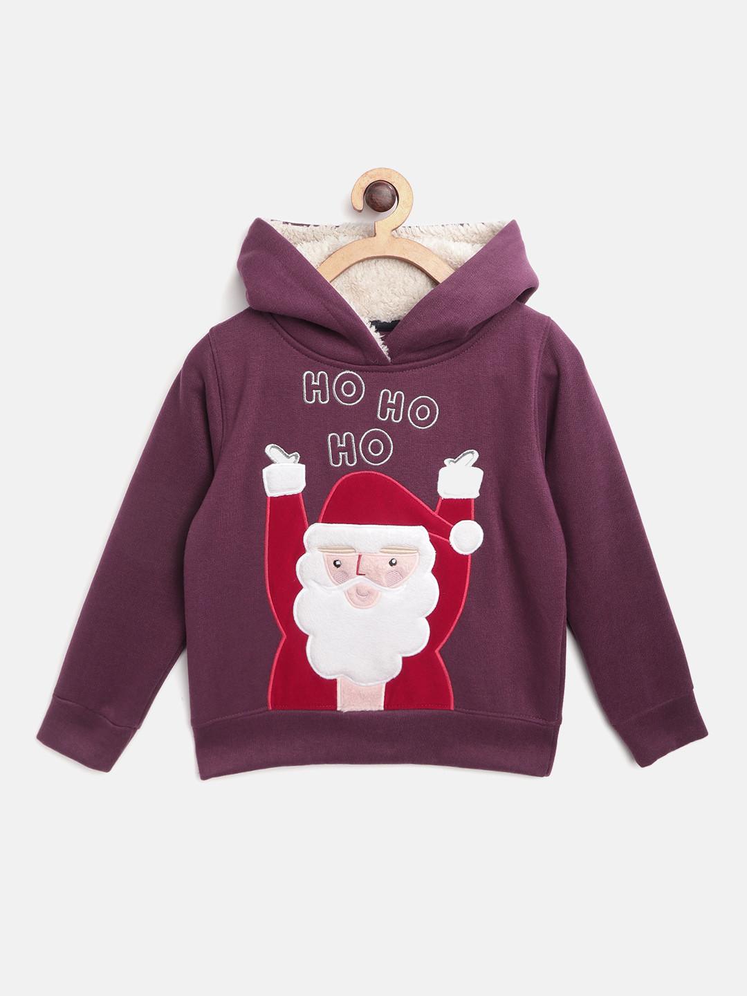 Cherry Crumble Kids Aubergine & Red Santa Claus Applique Hooded Sweatshirt