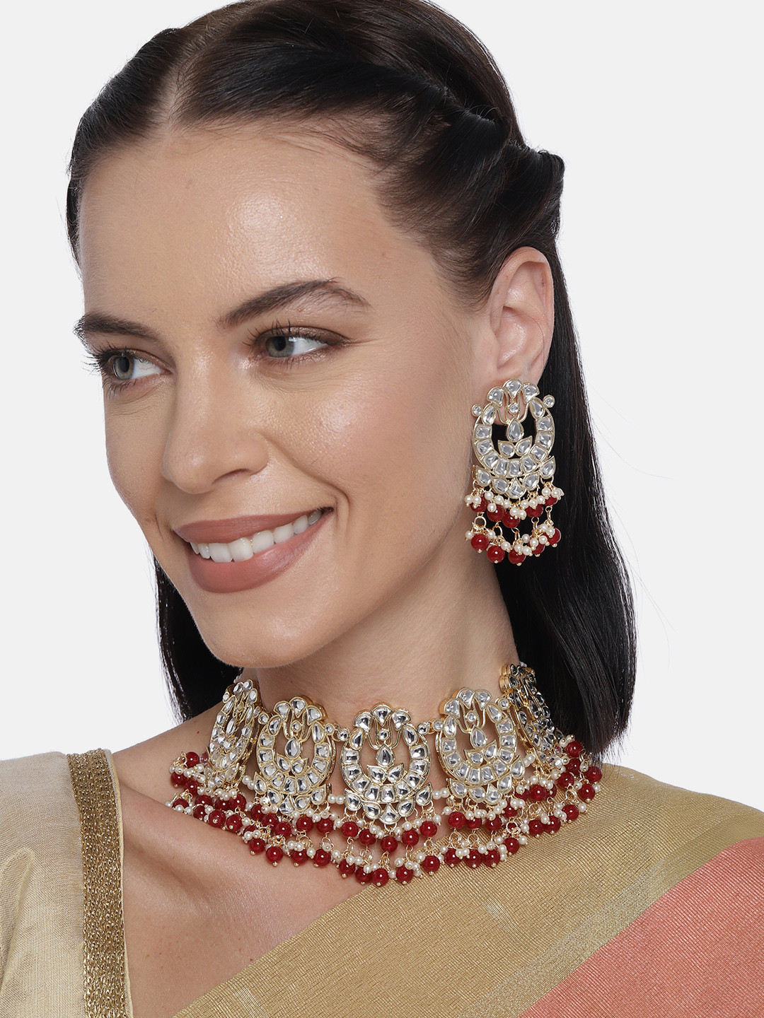LAIDA Gold-Plated And Red Handcrafted Kundan Studded Jewellery Set