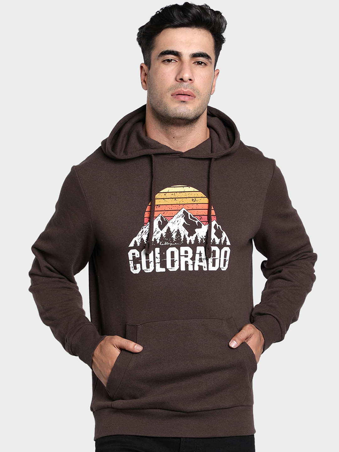 Red Tape Men Brown Printed Hooded Sweatshirt