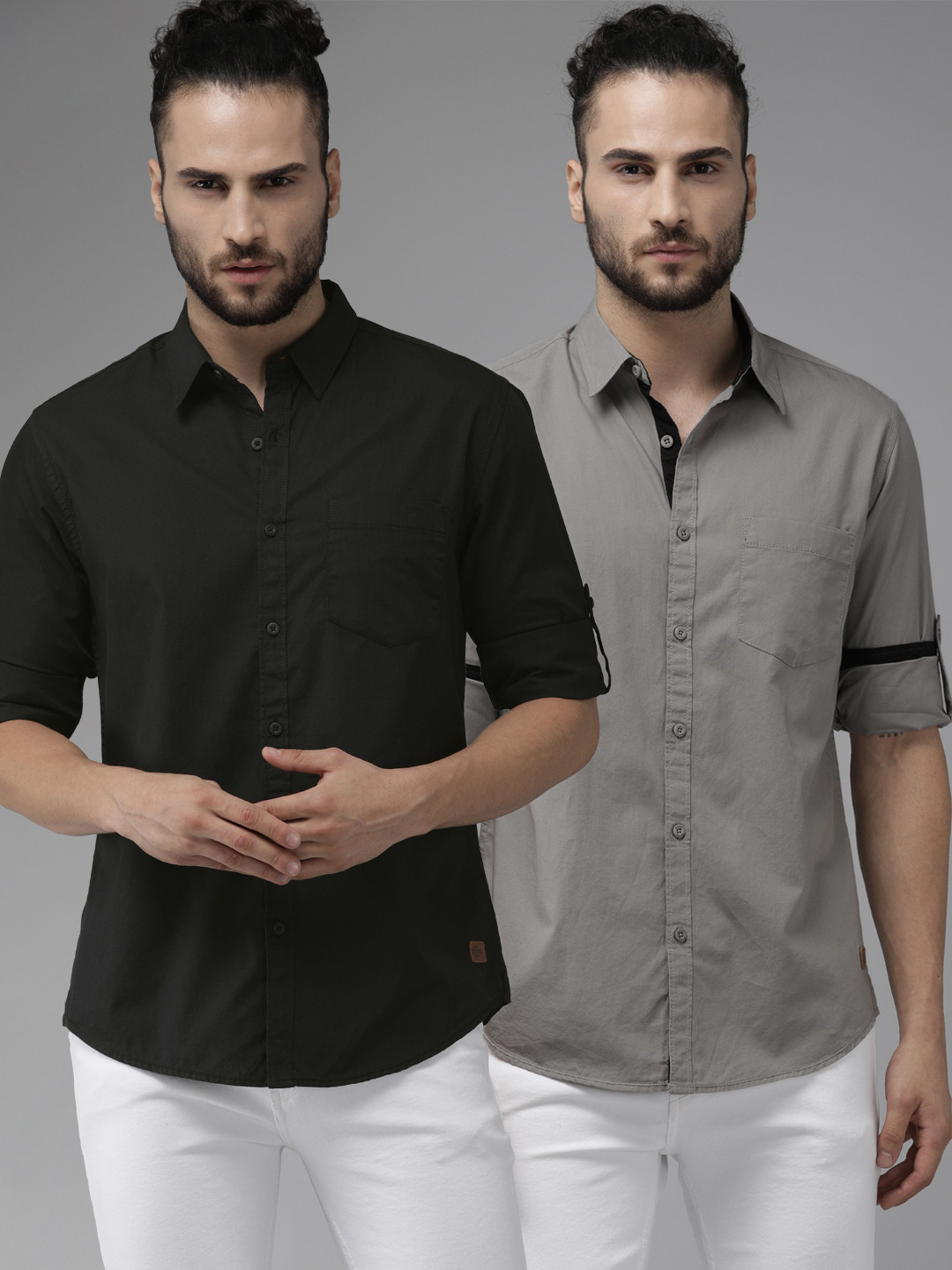 Roadster Pack of 2 Men Grey & Black Sustainable Casual Shirt