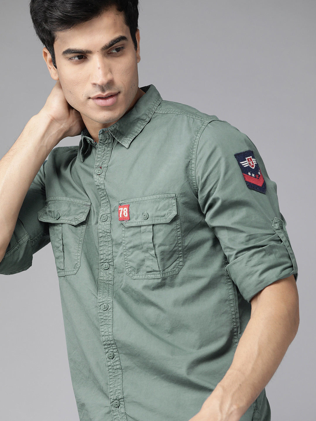 Roadster Men Green Cotton Regular Fit Solid Casual Shirt