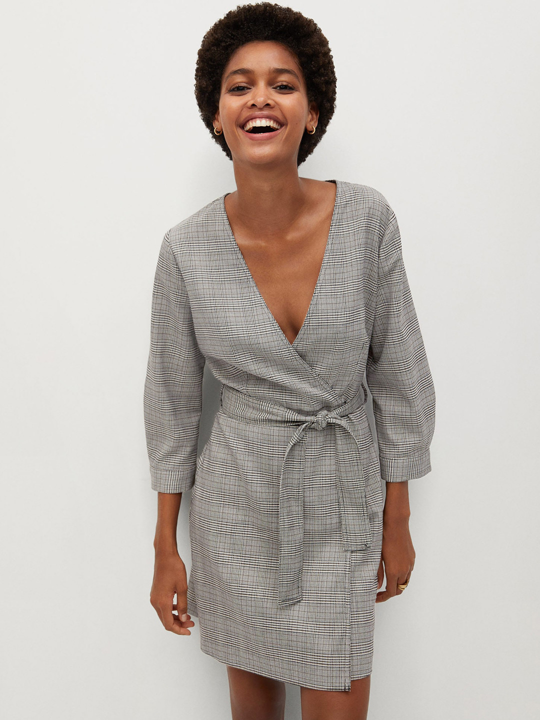 MANGO Women Grey & Black Checked Wrap Dress