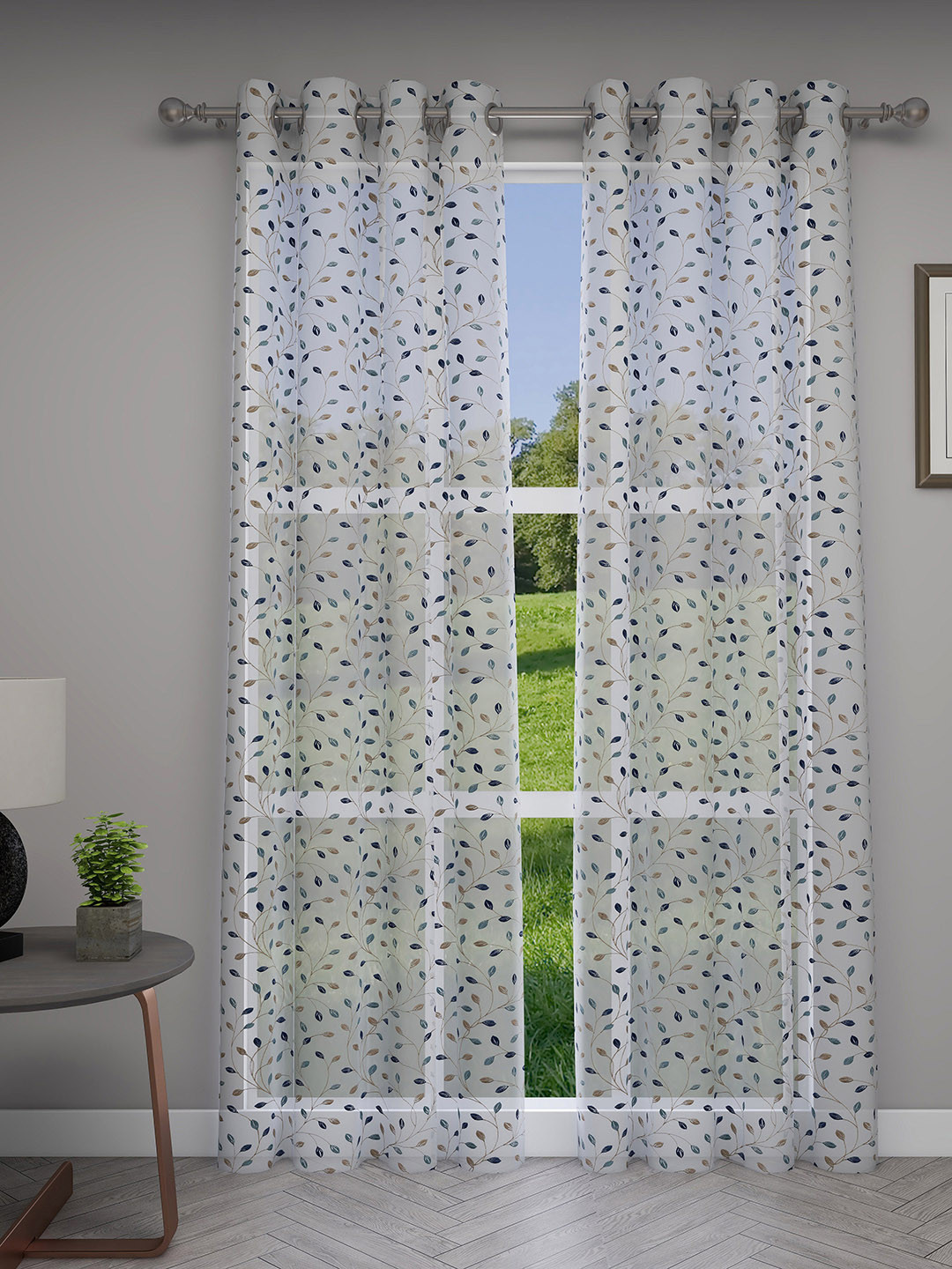 GM White & Blue Embroidered Sheer Set of 2 Door Curtains