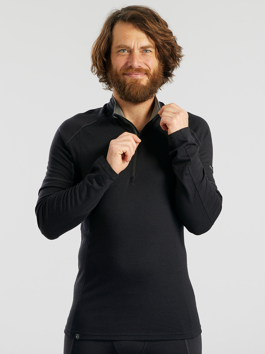 Decathlon FORCLAZ - Men Solid Black Merino Wool Odourless Half Zip T-Shirt
