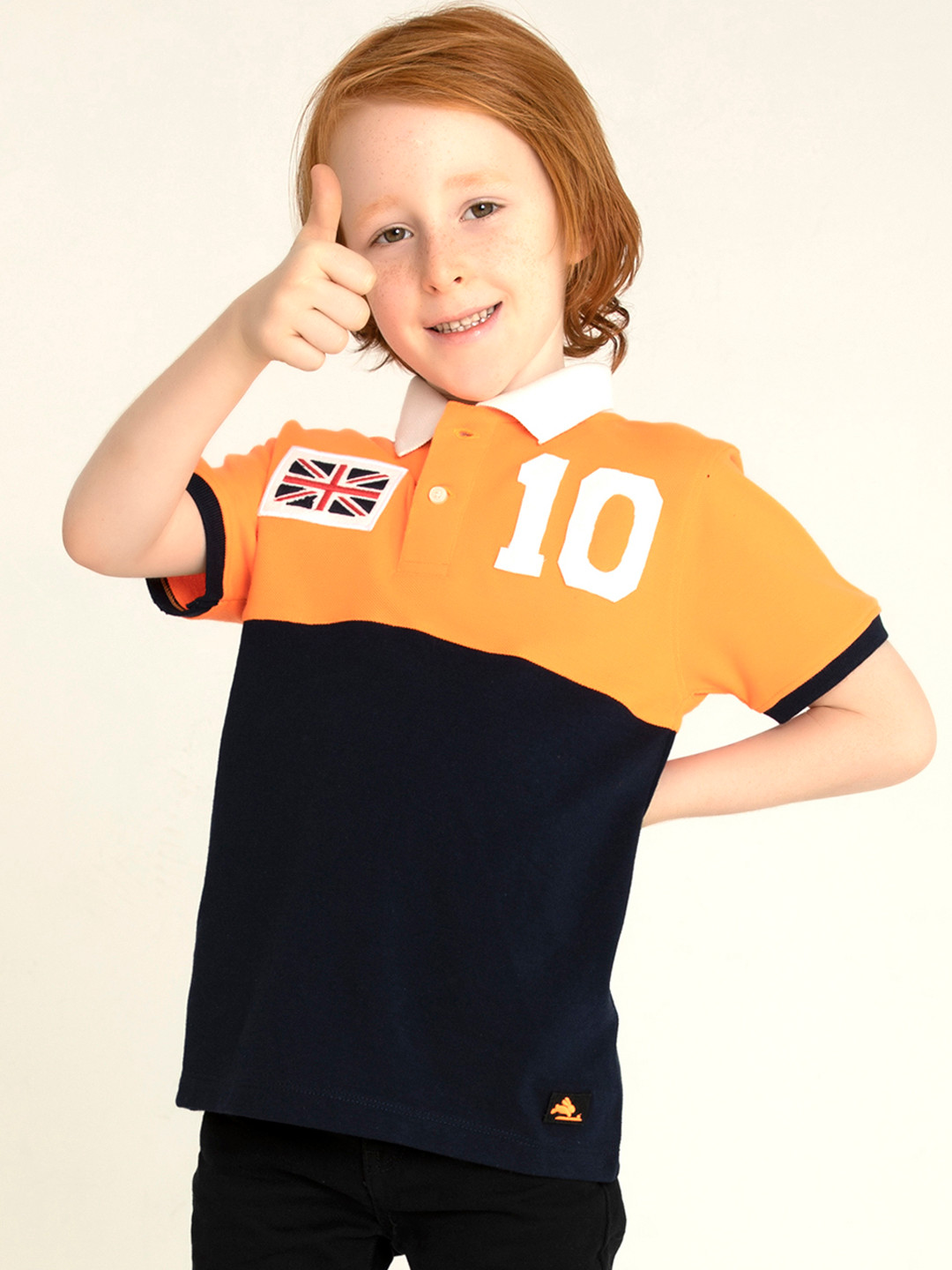 Cherry Crumble Boys Blue & Orange Colourblocked Polo Collar T-shirt