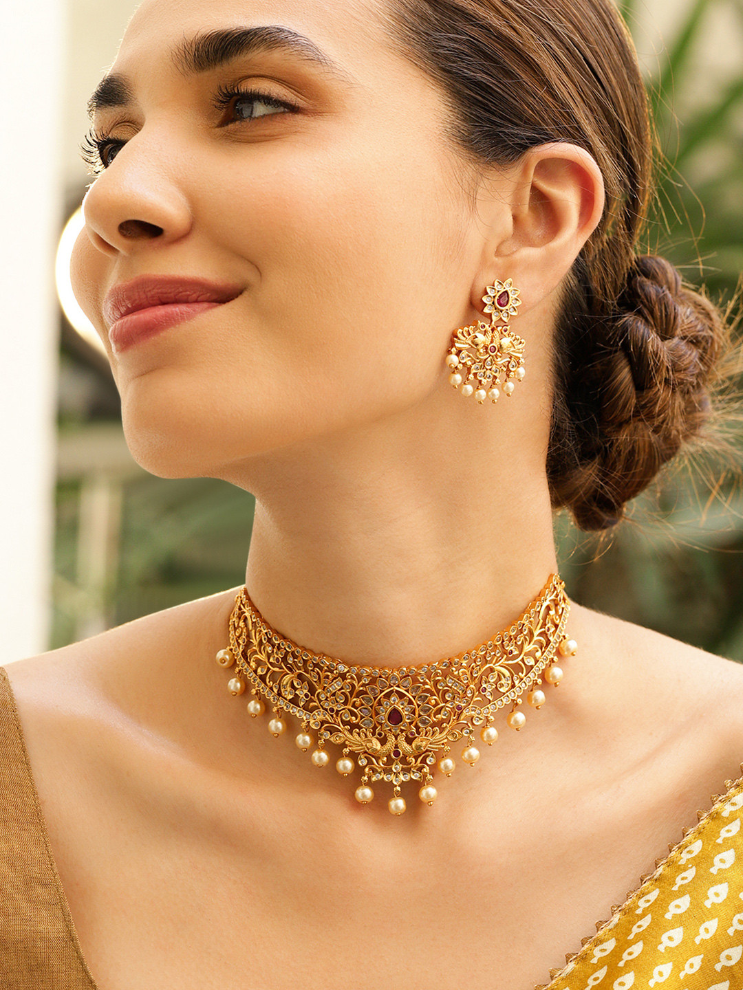 22K Gold Plated Ruby Pink & CZ Studded Pearl Beaded Traditional Choker Jewellery Set