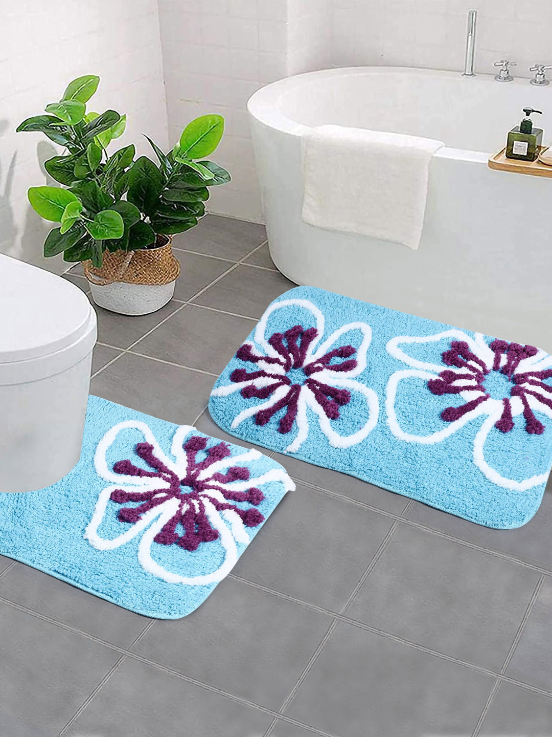 Saral Home Set Of 2 Turquoise Blue & White Printed Bathmat & Contour Set