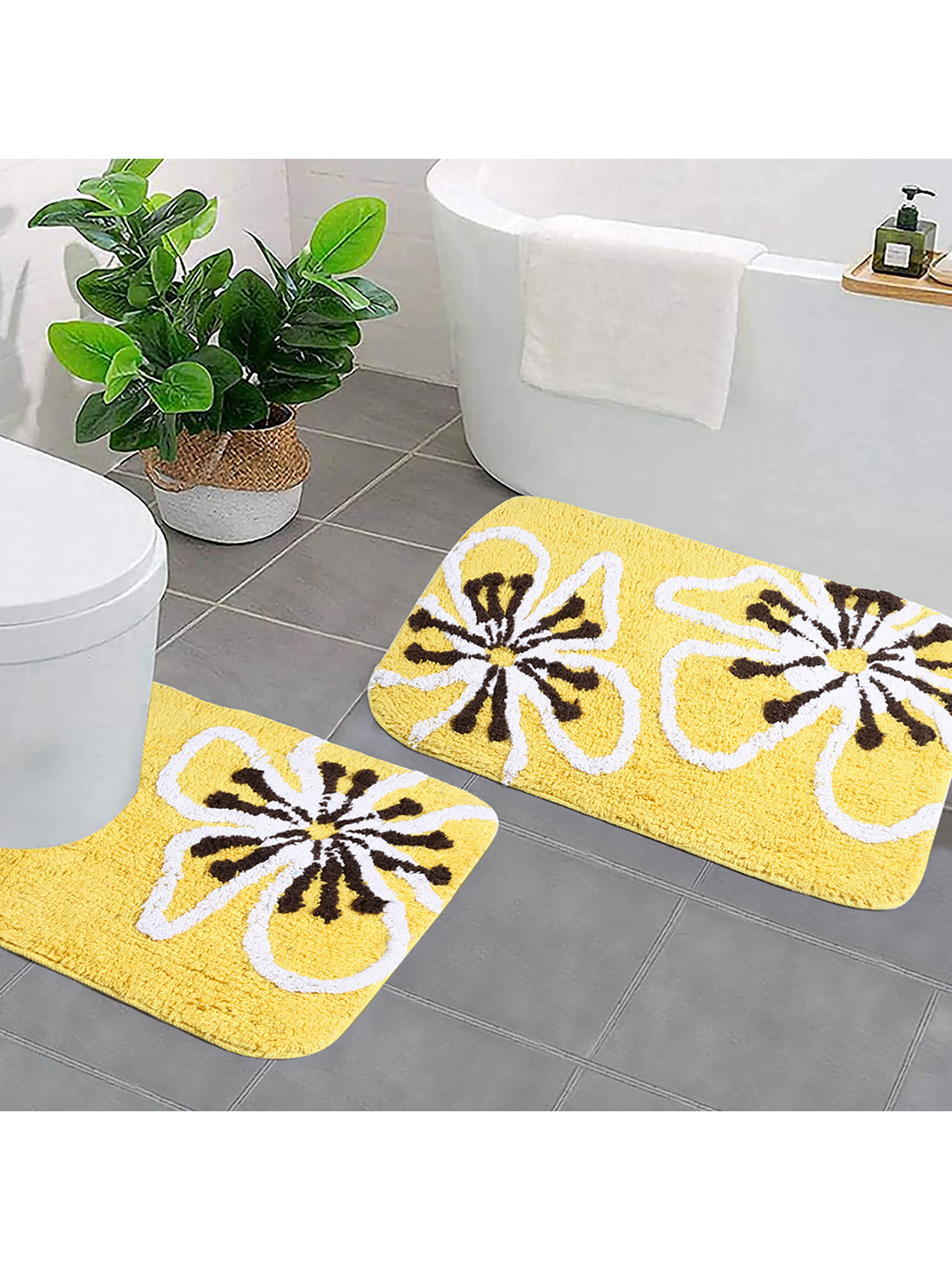 Saral Home Set of 2 Yellow & Black Printed Cotton Anti-Skid Bath Rugs