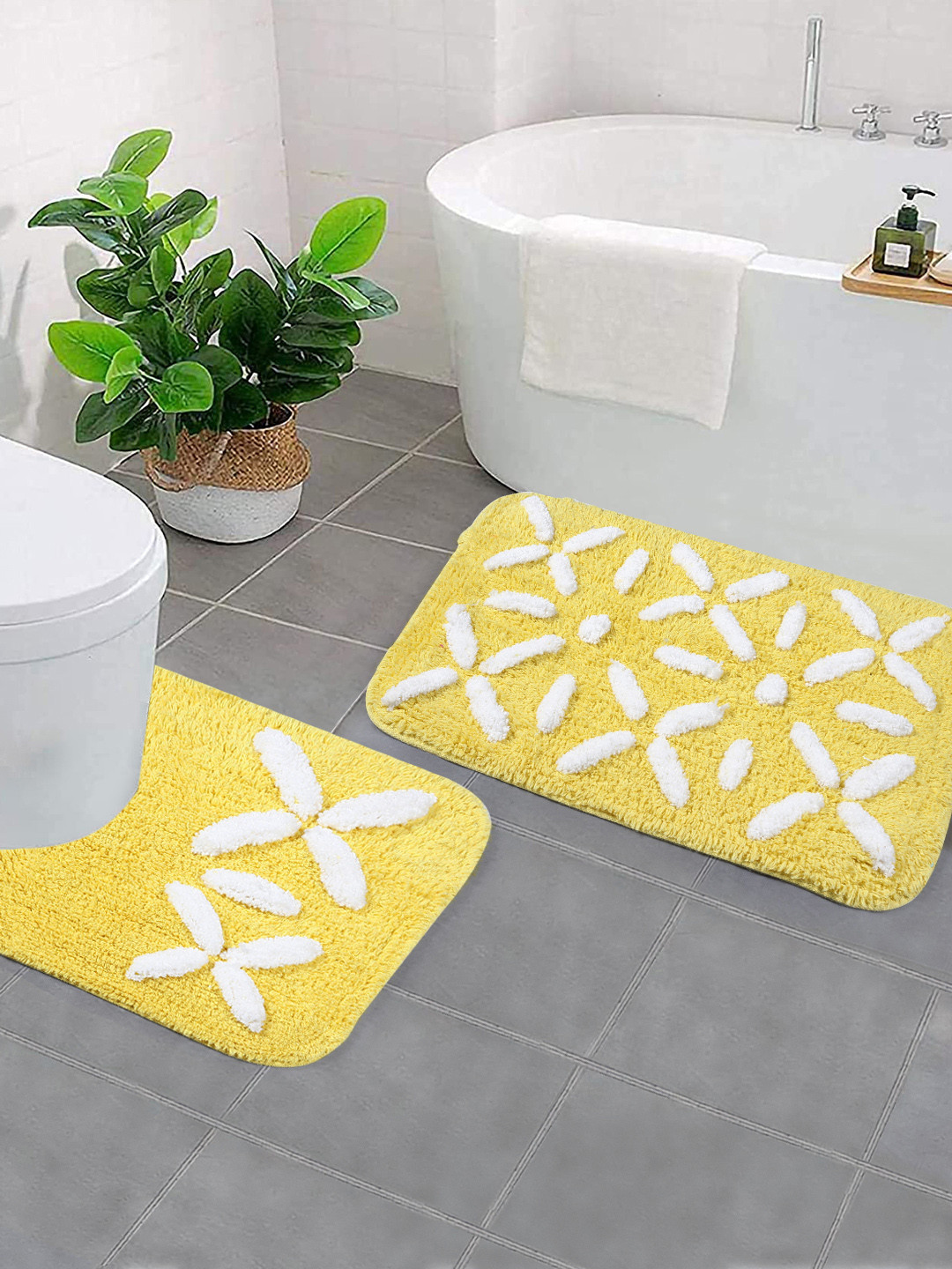 Saral Home Yellow & White Printed Anti-Skid Bath Mat & Contour Set