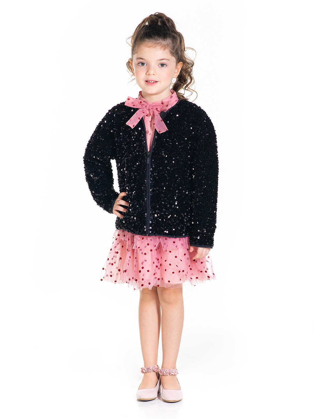 Cherry Crumble Girls Black Self Design Open Front Jacket with Sequins Detail