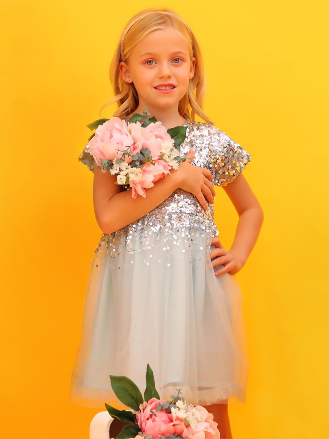 Cherry Crumble Girls Silver-Toned Sequinned Fit and Flare Dress