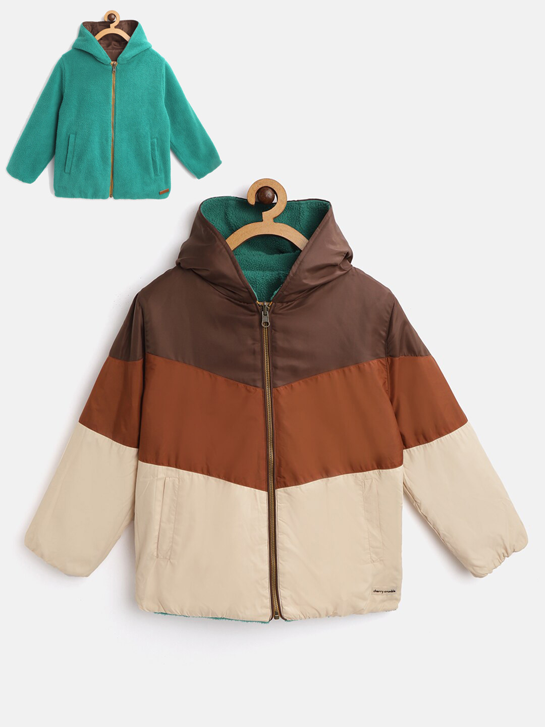 Cherry Crumble Kids Reversible Multicolor Cut & Sew Beaver Hooded Jacket