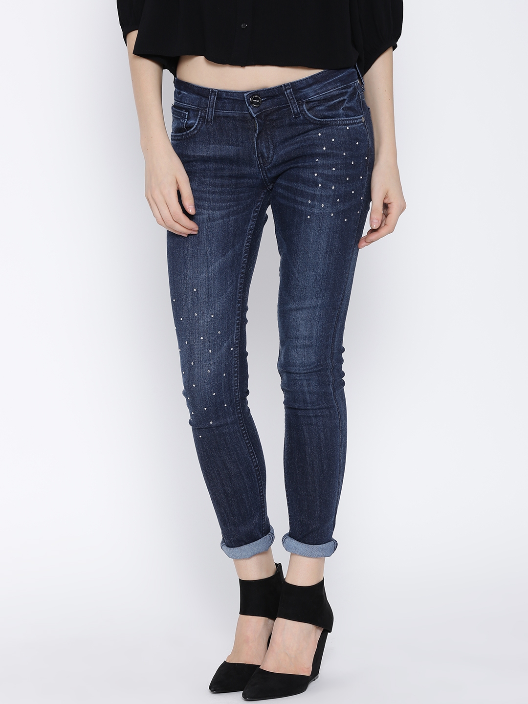 Buy Tokyo Talkies Dark Blue Washed Embellished Stretchable Jeans