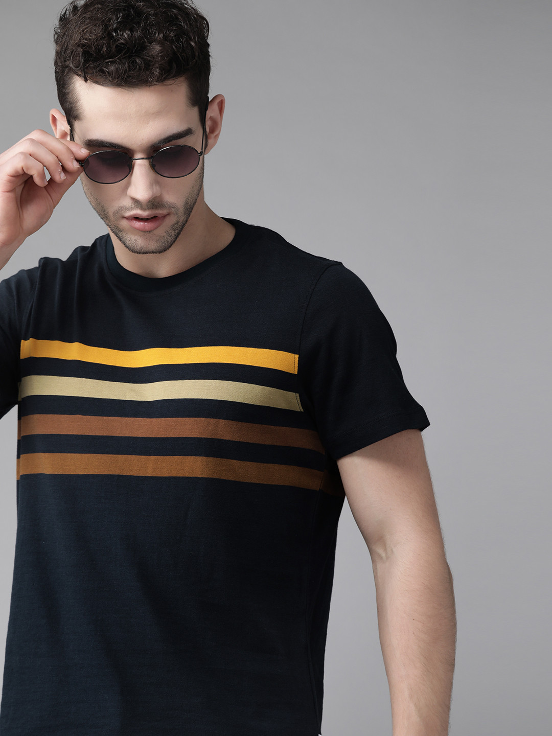 Roadster Men Navy  Cotton Striped Round Neck  Cotton T-shirt