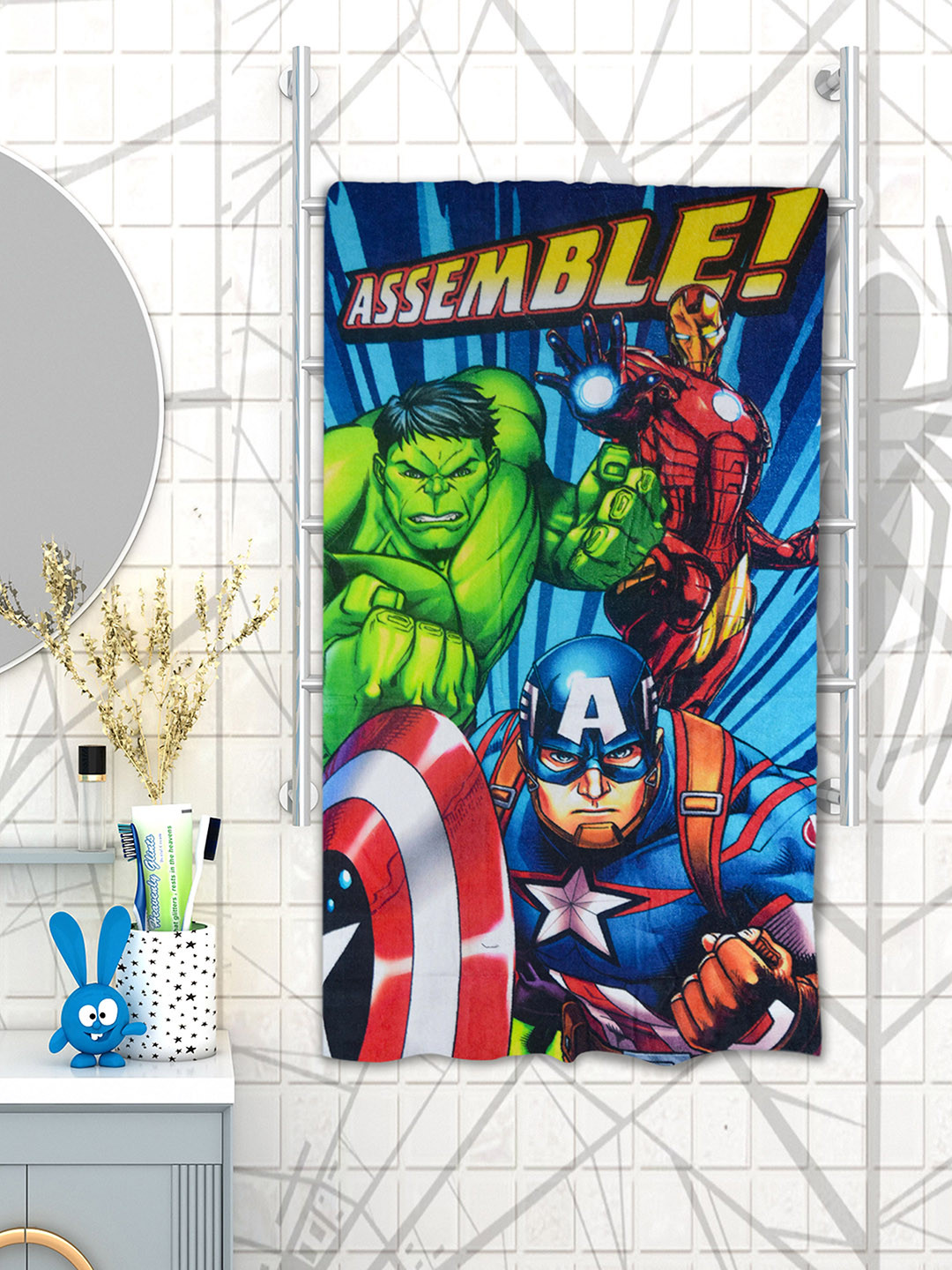 Athom Trendz Marvel Kids Blue & Green Avengers Printed 350 GSM Bath Towel