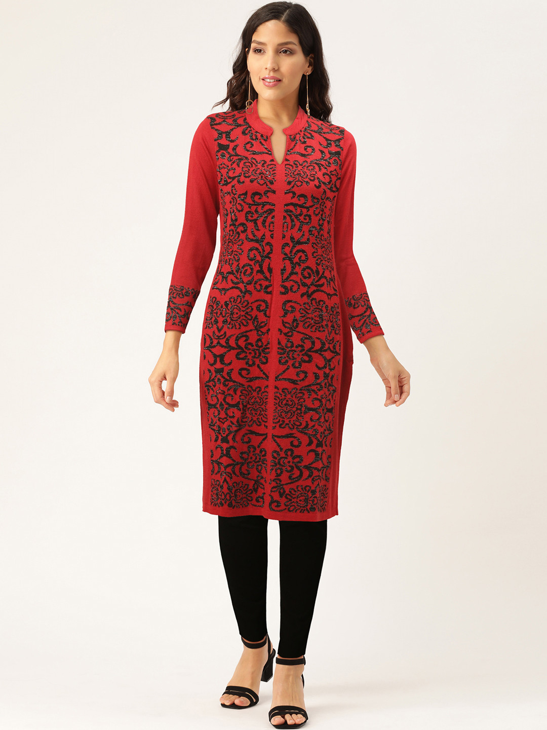 American Eye Woven Design Winter Knitted Straight Kurta