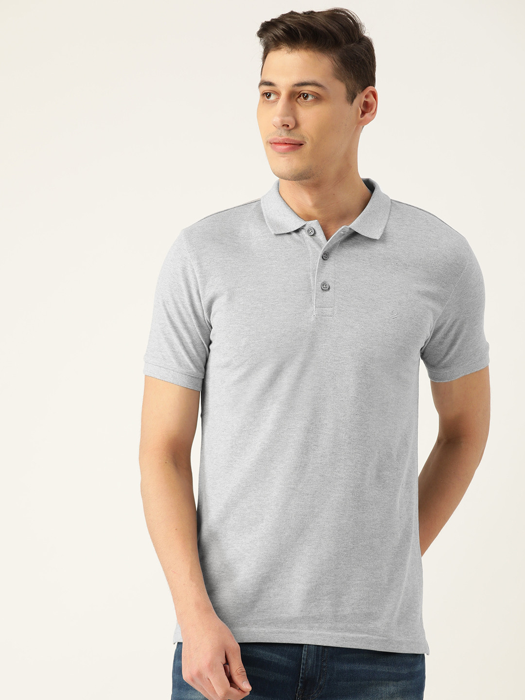 United Colors of Benetton Men Grey Melange Solid Polo Collar Slim Fit T-shirt