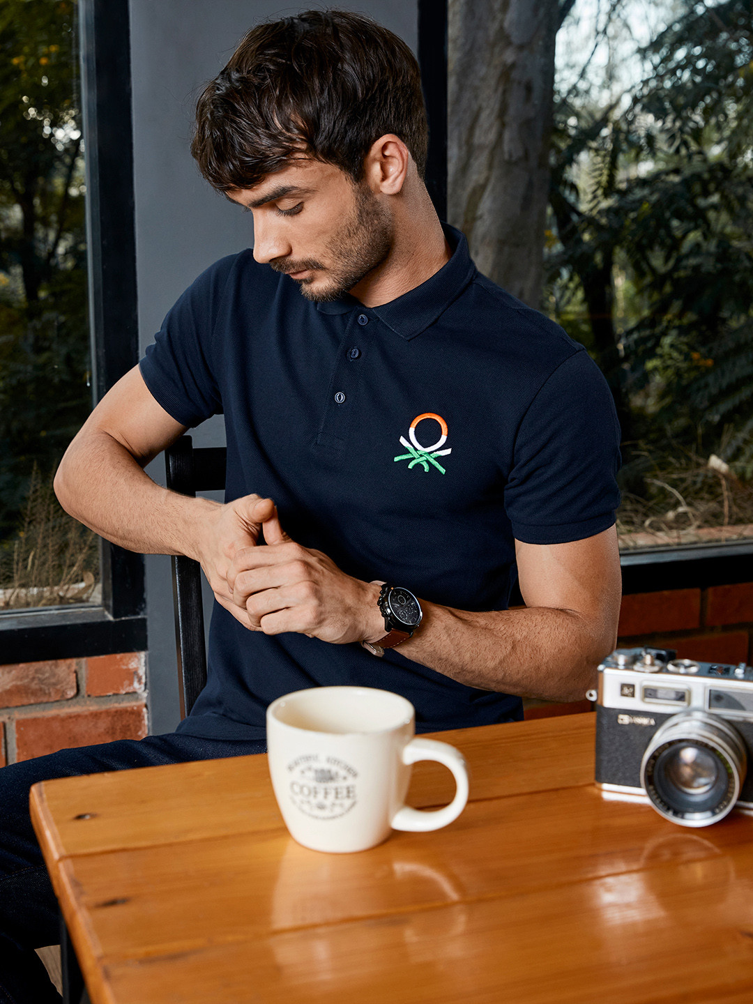 United Colors of Benetton Men Navy Blue Solid Polo Collar Slim Fit T-shirt