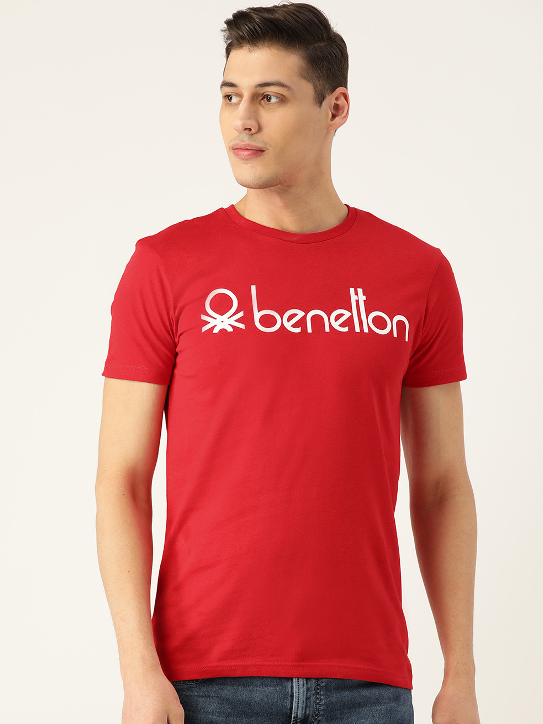 United Colors of Benetton Men Red & White Slim Fit Brand Logo Printed Round Neck T-shirt