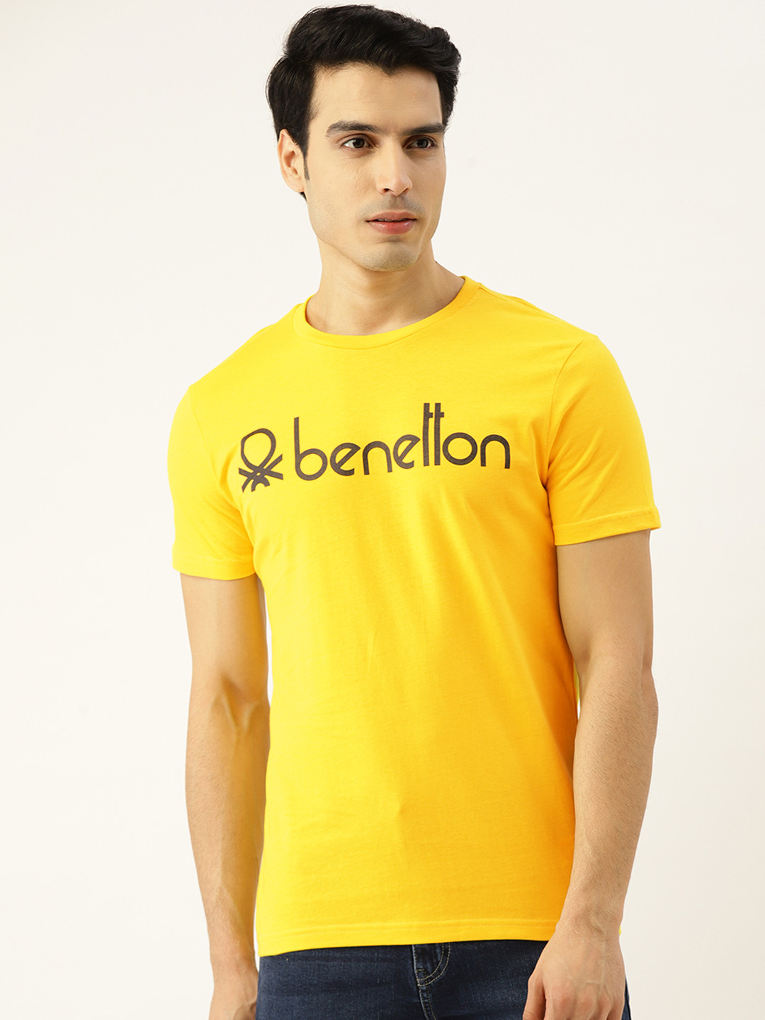 United Colors of Benetton Men Yellow & Black Brand Logo Print Round Neck Slim Fit T-shirt