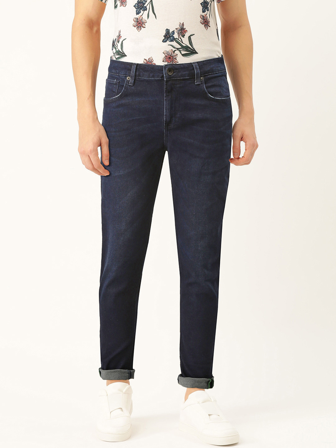 United Colors of Benetton Men Navy Blue Carrot Slim Fit  Clean Look Stretchable Jeans