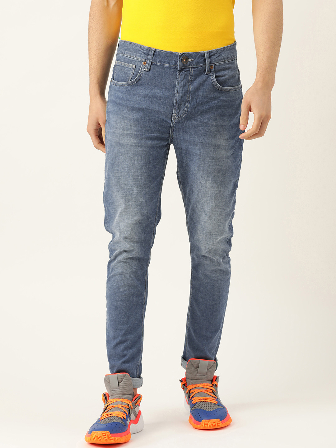 United Colors of Benetton Men Blue Carrot Fit Mid-Rise Clean Look Stretchable Jeans