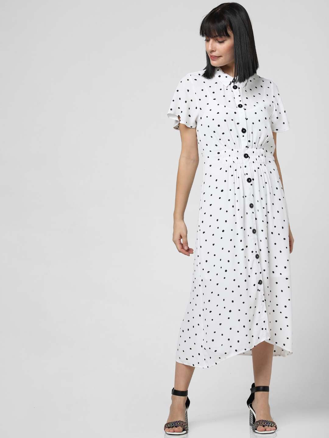 Vero Moda Women White   Black Polka Dot Print Shirt Dress