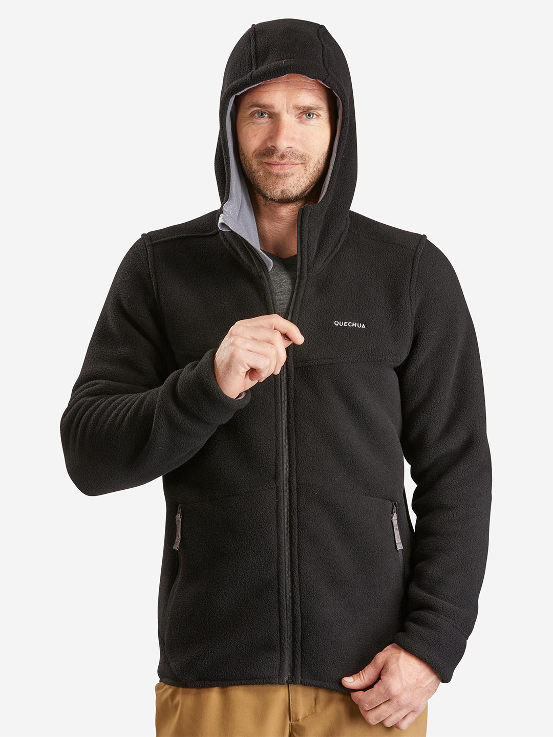 Decathlon Quechua Men Solid Black Full-Hooded Warm Fleece Jacket